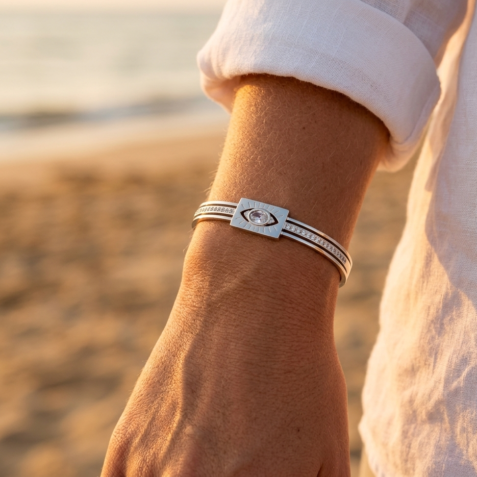 Silver-plated stainless steel bangle bracelet – mystic eye, rhinestones and rectangular charm