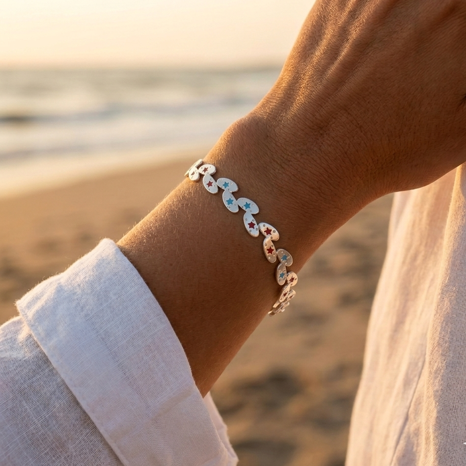 Silver-plated rigid bangle bracelet – colorful spices & stainless steel stars