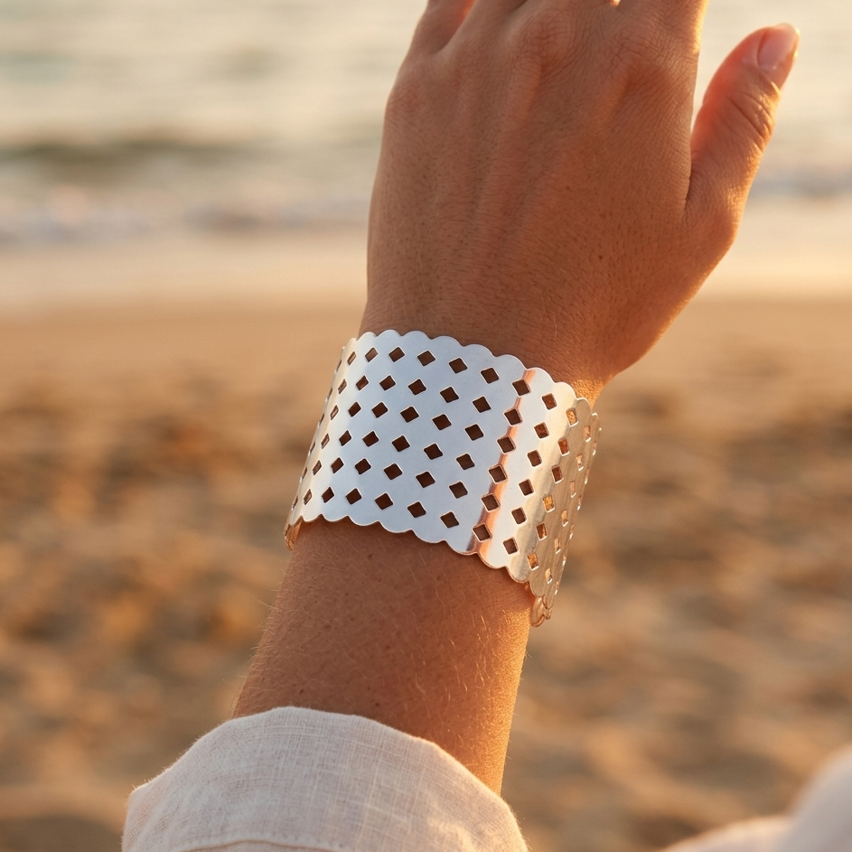 Openwork cuff bracelet in silver or gold stainless steel – modern and graphic style