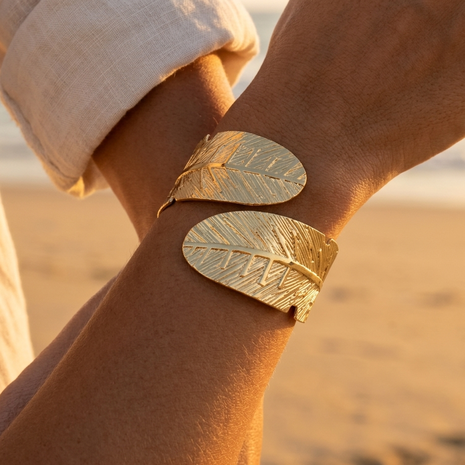 Gold-plated openwork hinged cuff bracelet with intertwined feathers