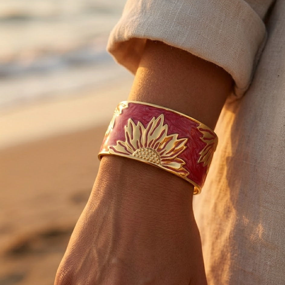 Gold Sun Cuff Bracelet – Powder Pink Enamel