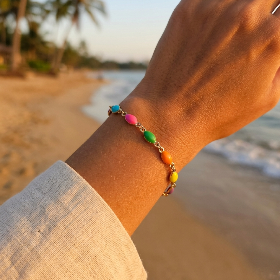 Bracelet "Good Vibes" acier inoxydable et perles multicolores  pierre reconstituée