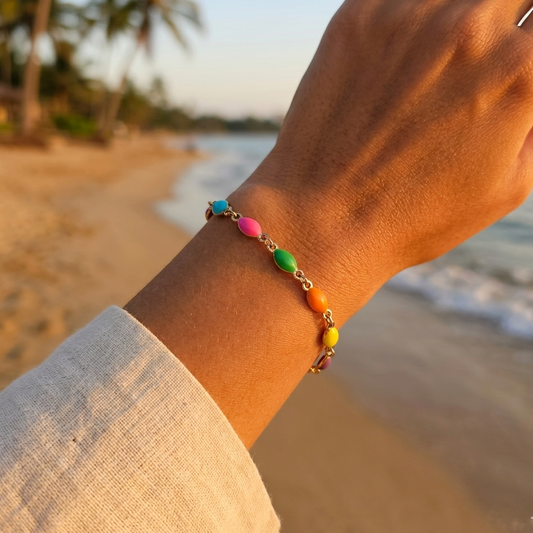 Bracelet "Good Vibes" acier inoxydable et perles multicolores  pierre reconstituée