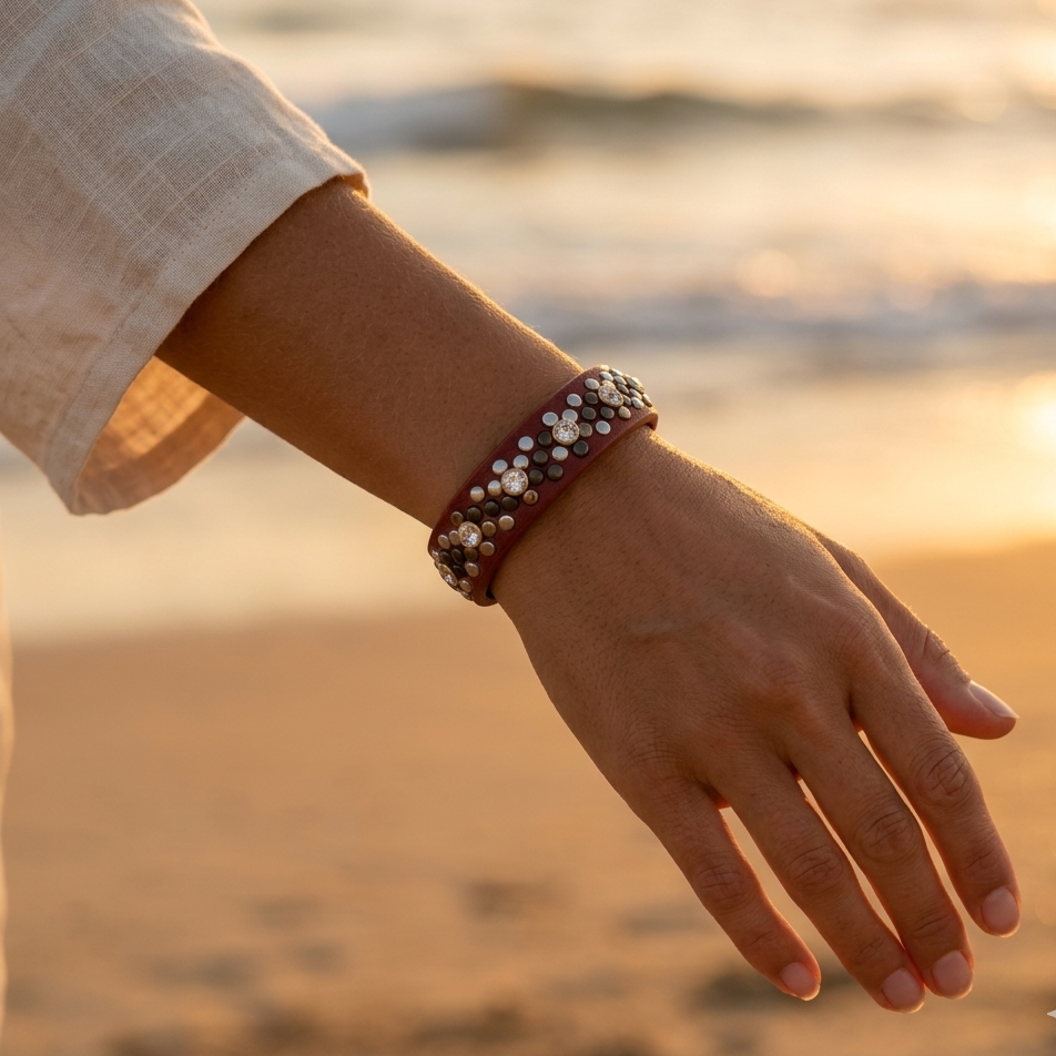 Adjustable faux leather bracelet with snap closure - brown crystal carved metal pieces