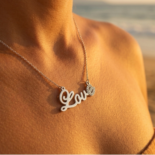 Silver stainless steel necklace – "Love" rhinestone pendant, cable chain