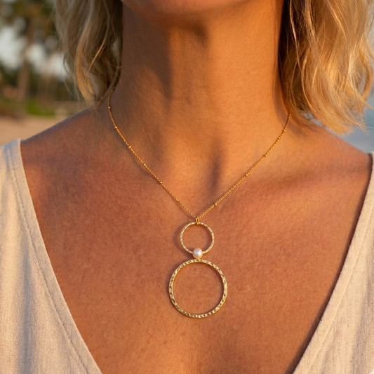Stainless steel gold-plated necklace – Snake chain and double hammered ring