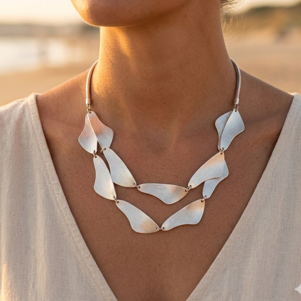 Double-strand snake chain necklace with brushed silver-tone curved pieces