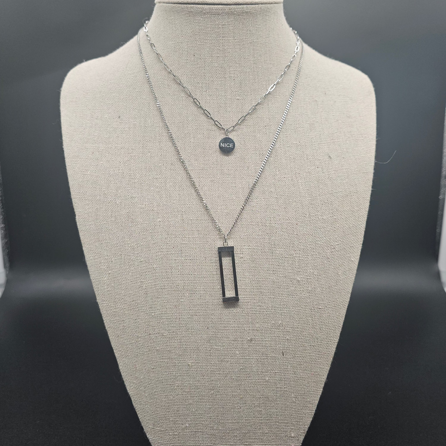 Collier double rang argent – Médaille NICE & pendentif rectangle