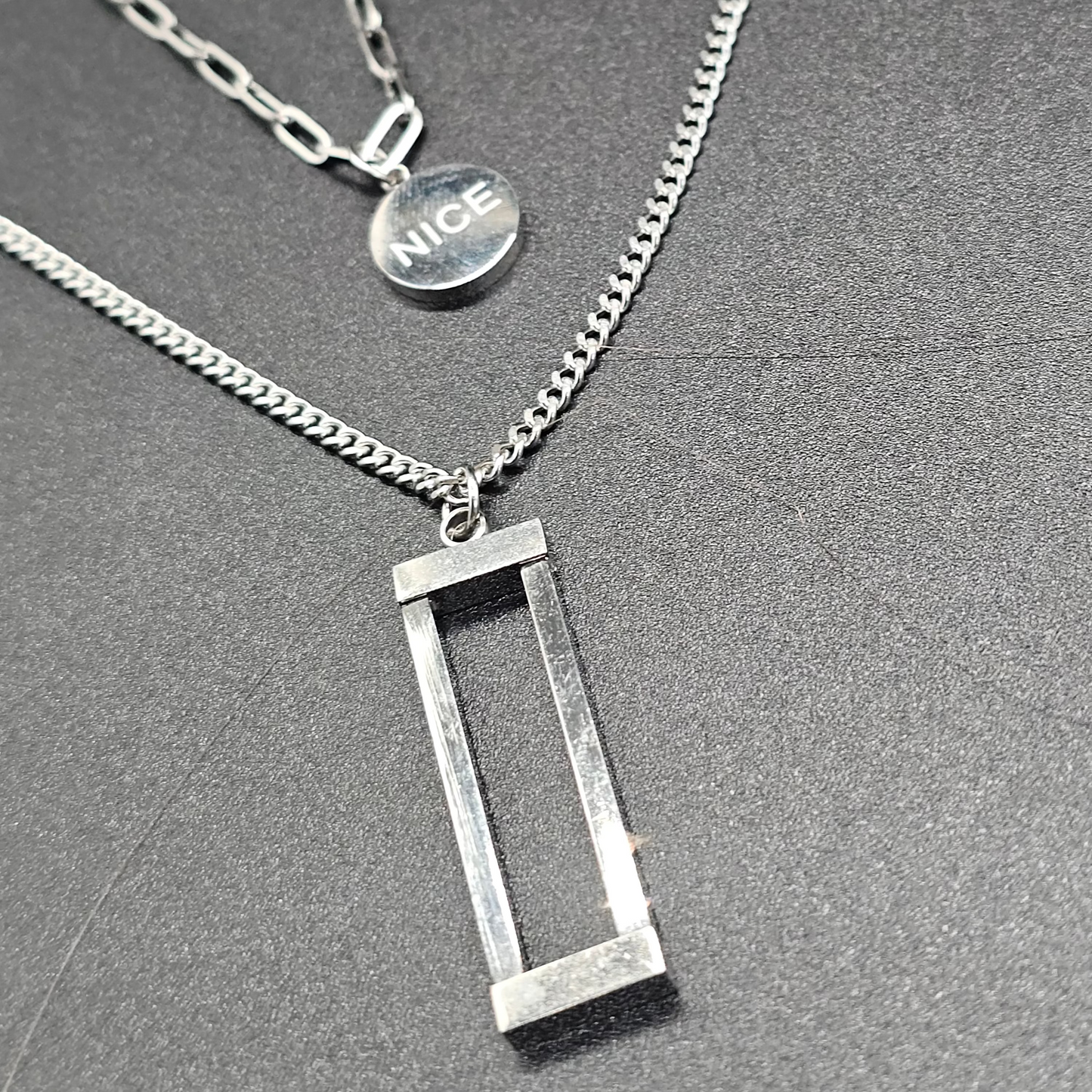 Collier double rang argent – Médaille NICE & pendentif rectangle
