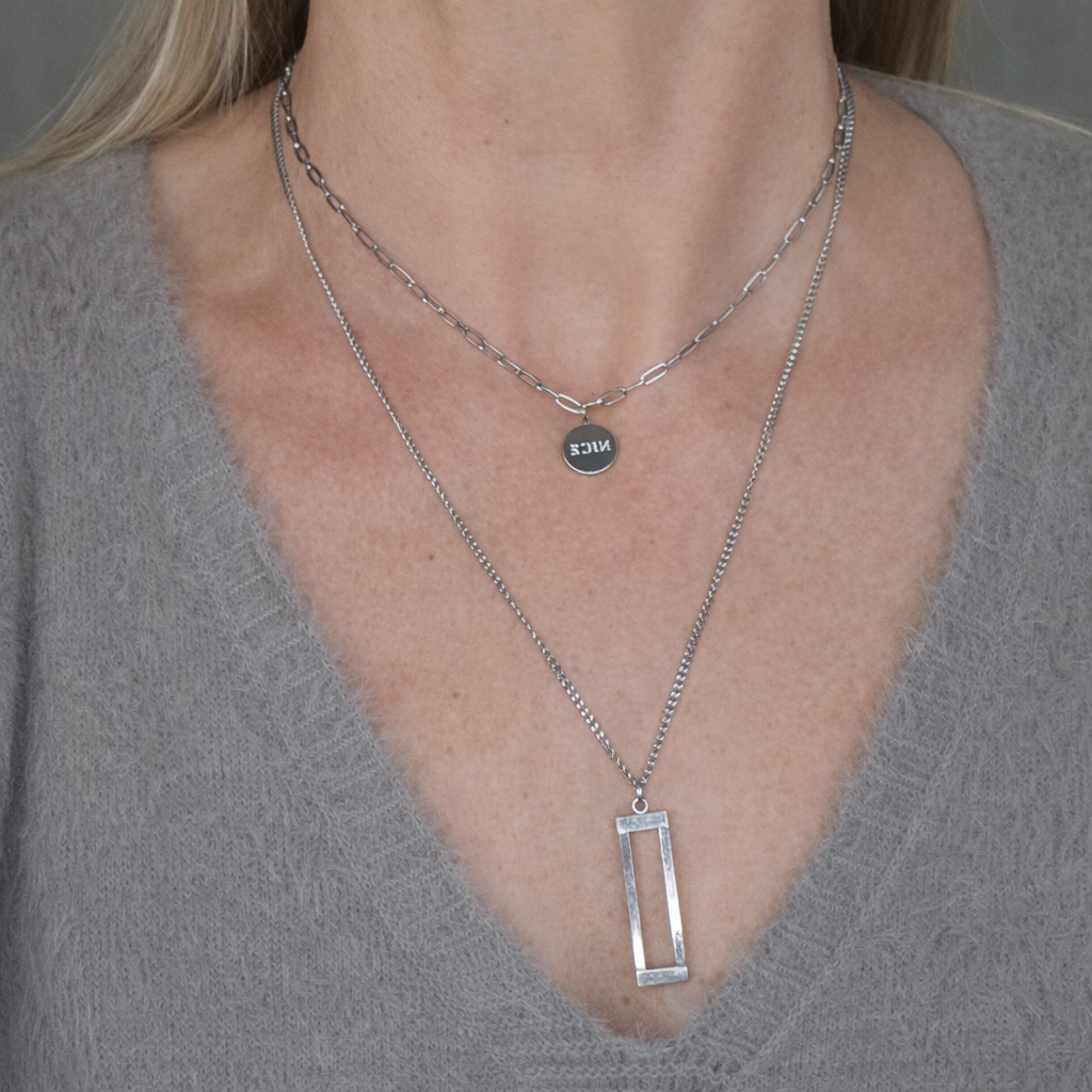 Collier double rang argent – Médaille NICE & pendentif rectangle