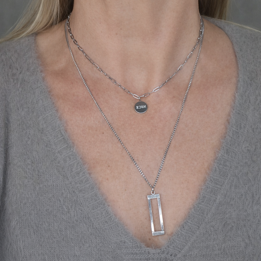 Collier double rang argent – Médaille NICE & pendentif rectangle