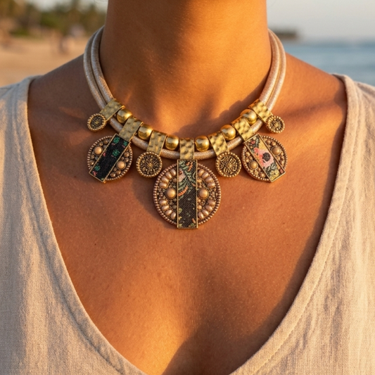 Boho Chic Statement Necklace for Women – Gold or Red Cord – Beads & Hammered Metal Summer Trend