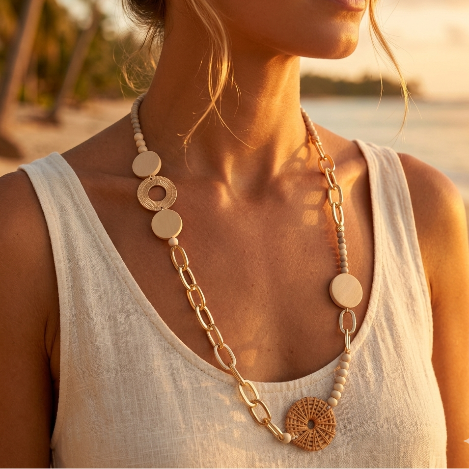 Long gypsy necklace with large gold-plated links – Wooden beads, natural discs and round rings