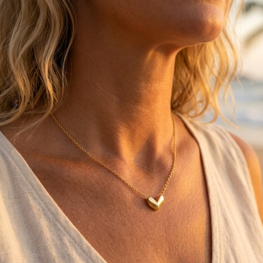 Gold-plated petal heart necklace – Cable chain, hypoallergenic stainless steel