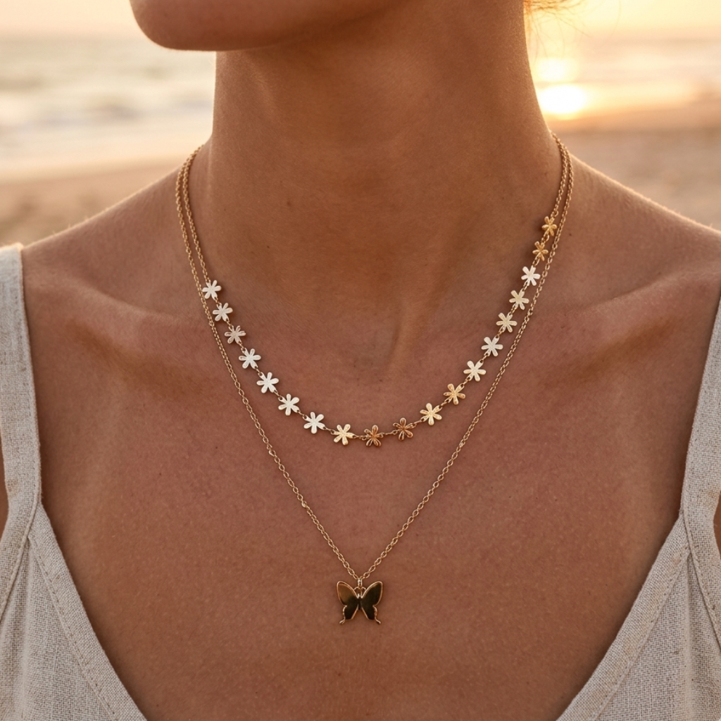 Double-strand gold-plated stainless steel long necklace – Fancy butterfly and engraved flower chains