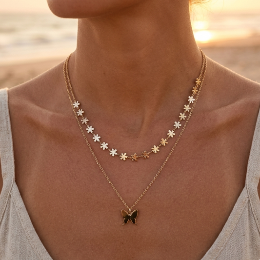 Double-strand gold-plated stainless steel long necklace – Fancy butterfly and engraved flower chains