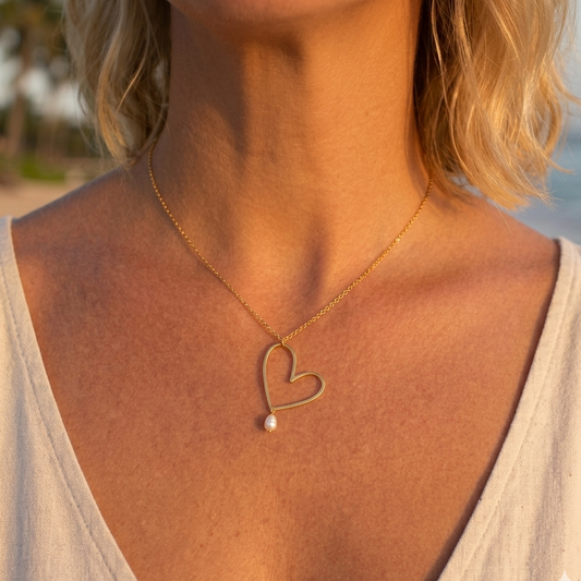 Gold-plated heart & bead necklace – Stainless steel, fine cable chain