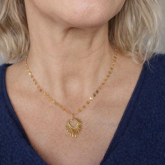 Collier soleil doré – chaîne maille fantaisie avec sequins – Acier inoxydable