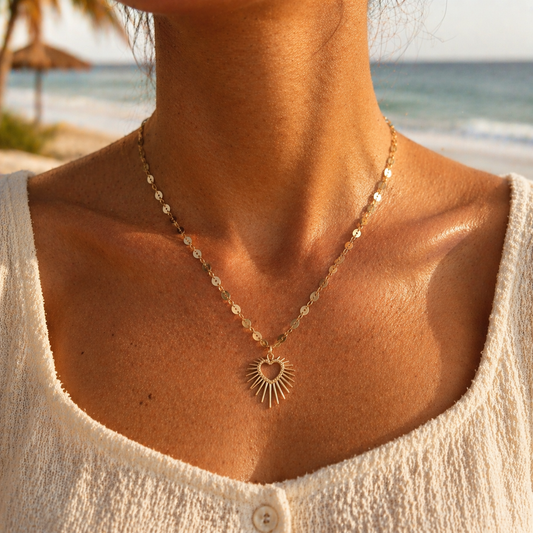 Gold sun necklace – fancy mesh chain with sequins – Stainless steel