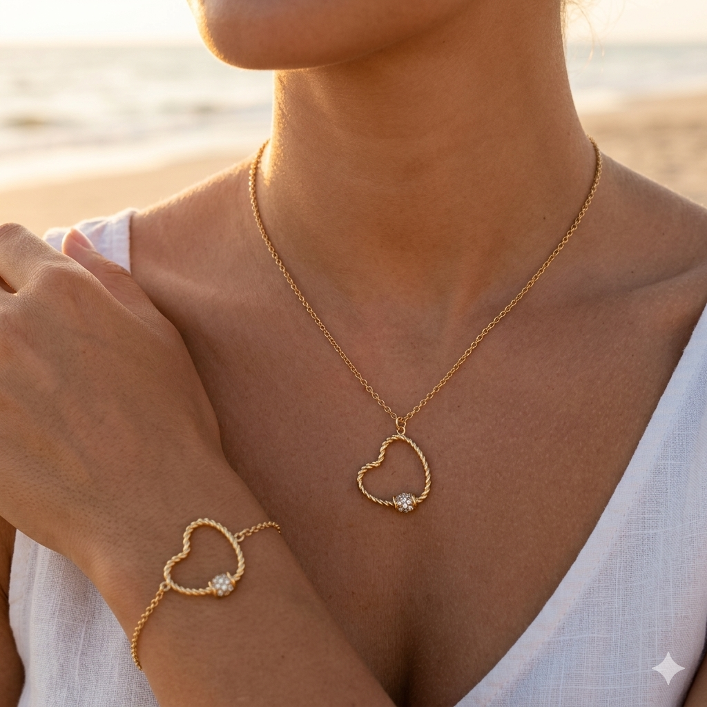 Gold stainless steel necklace – Snake chain & rhinestone heart pendant