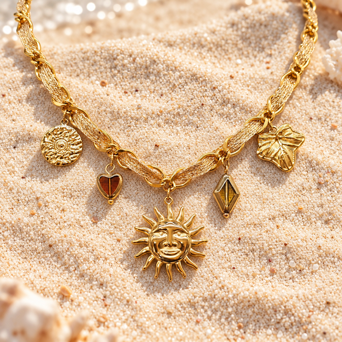 Gold necklace and bracelet set – stainless steel and sun charms