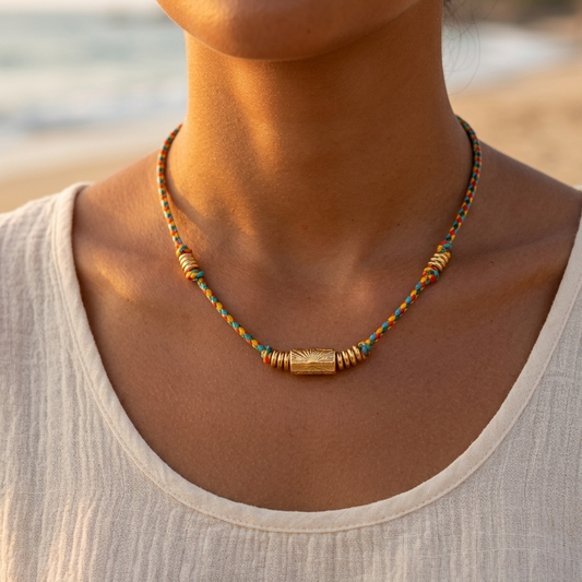 Multicolor cord necklace golden faceted ingot talisman engraved stainless steel