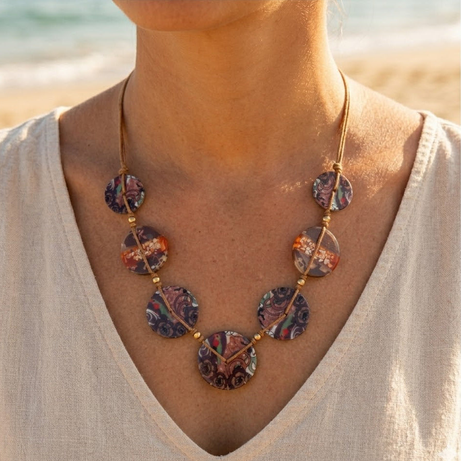 Resin disc necklace on waxed cotton cords – Adjustable