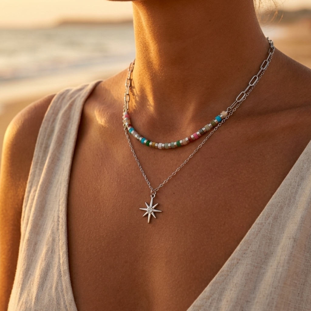 Double beaded chain necklace in gold or silver stainless steel – North Star pendant