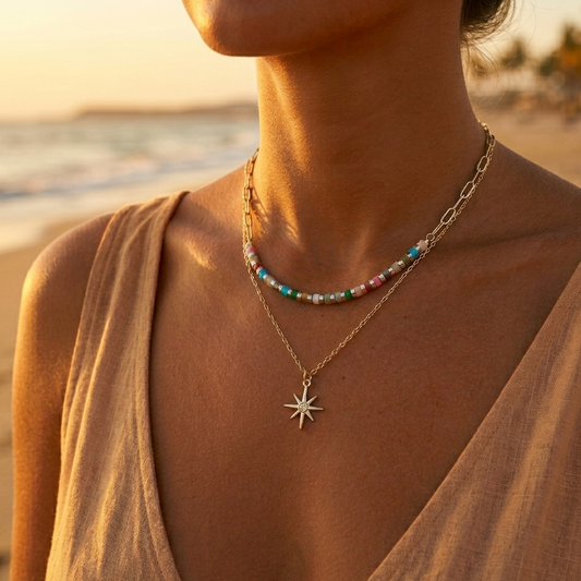 Double beaded chain necklace in gold or silver stainless steel – North Star pendant