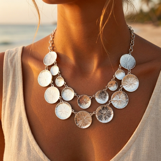 Double-strand necklace, steel rolo chain, hammered round silver-tone metal pieces