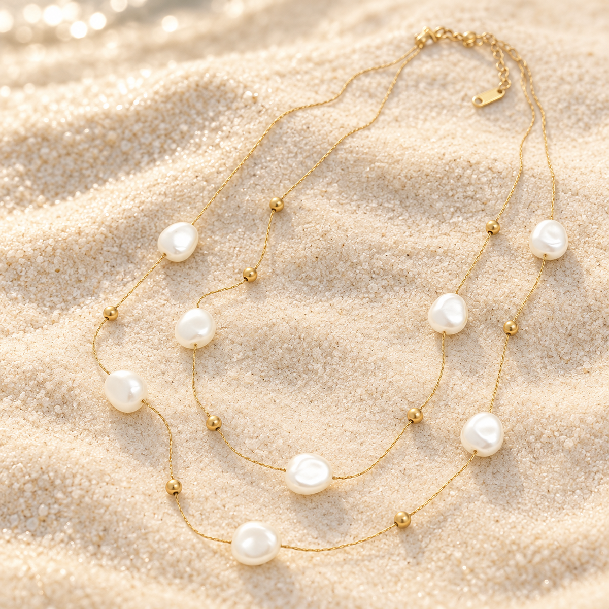 Collier double rang doré perles blanches – acier inoxydable