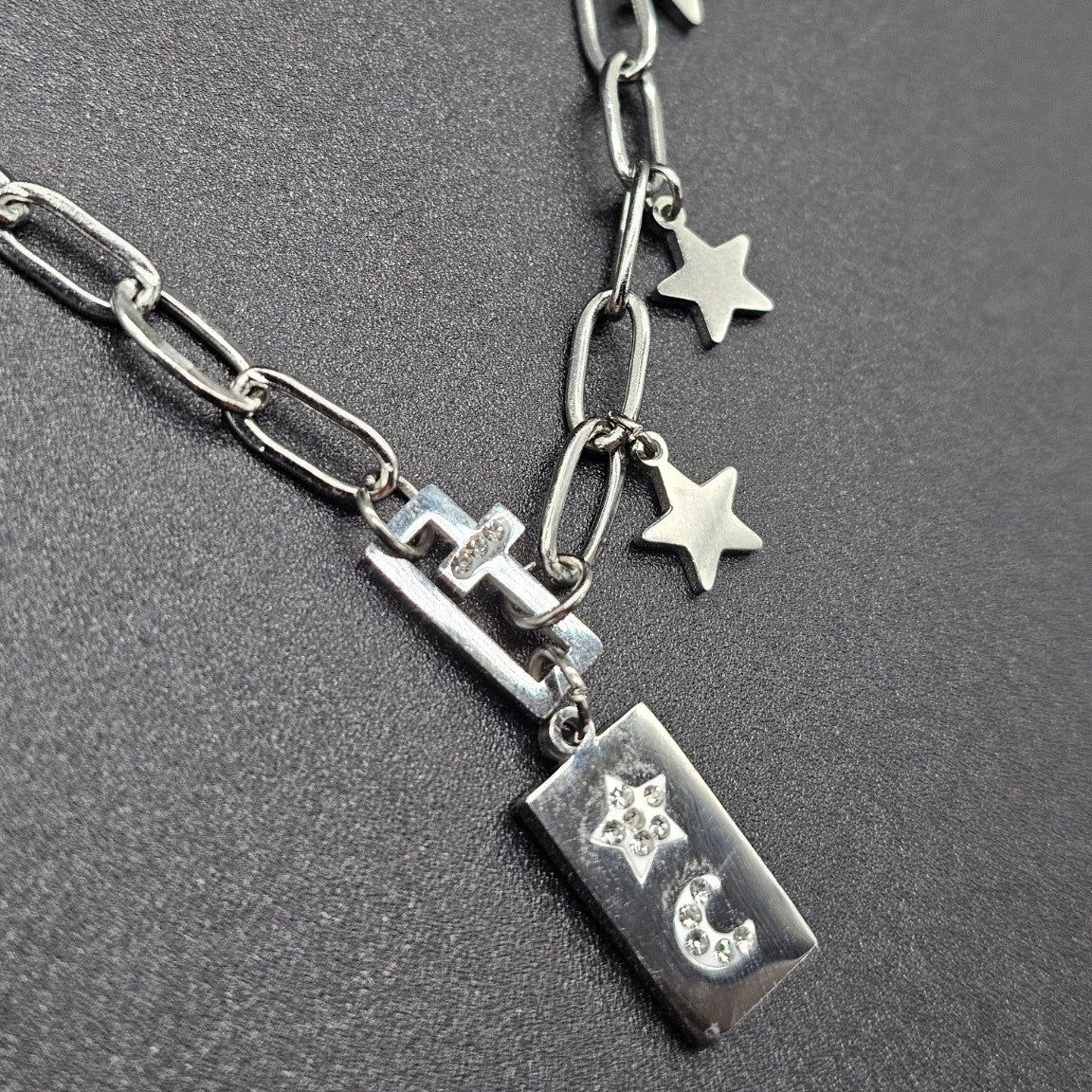 Collier Étoiles & Lune – Chaîne maillons acier inoxydable argenté
