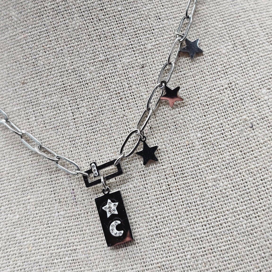 Collier Étoiles & Lune – Chaîne maillons acier inoxydable argenté