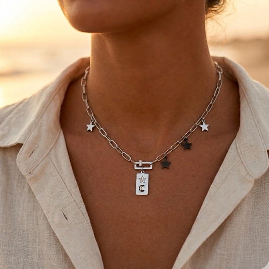 Collier Étoiles & Lune – Chaîne maillons acier inoxydable argenté