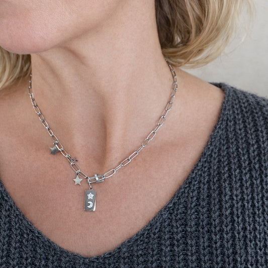 Collier Étoiles & Lune – Chaîne maillons acier inoxydable argenté