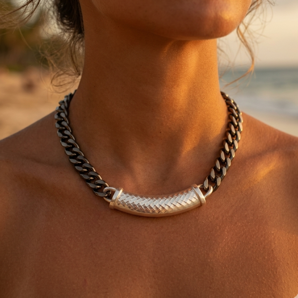 Silver plated bib necklace with a chic and bold curb chain design