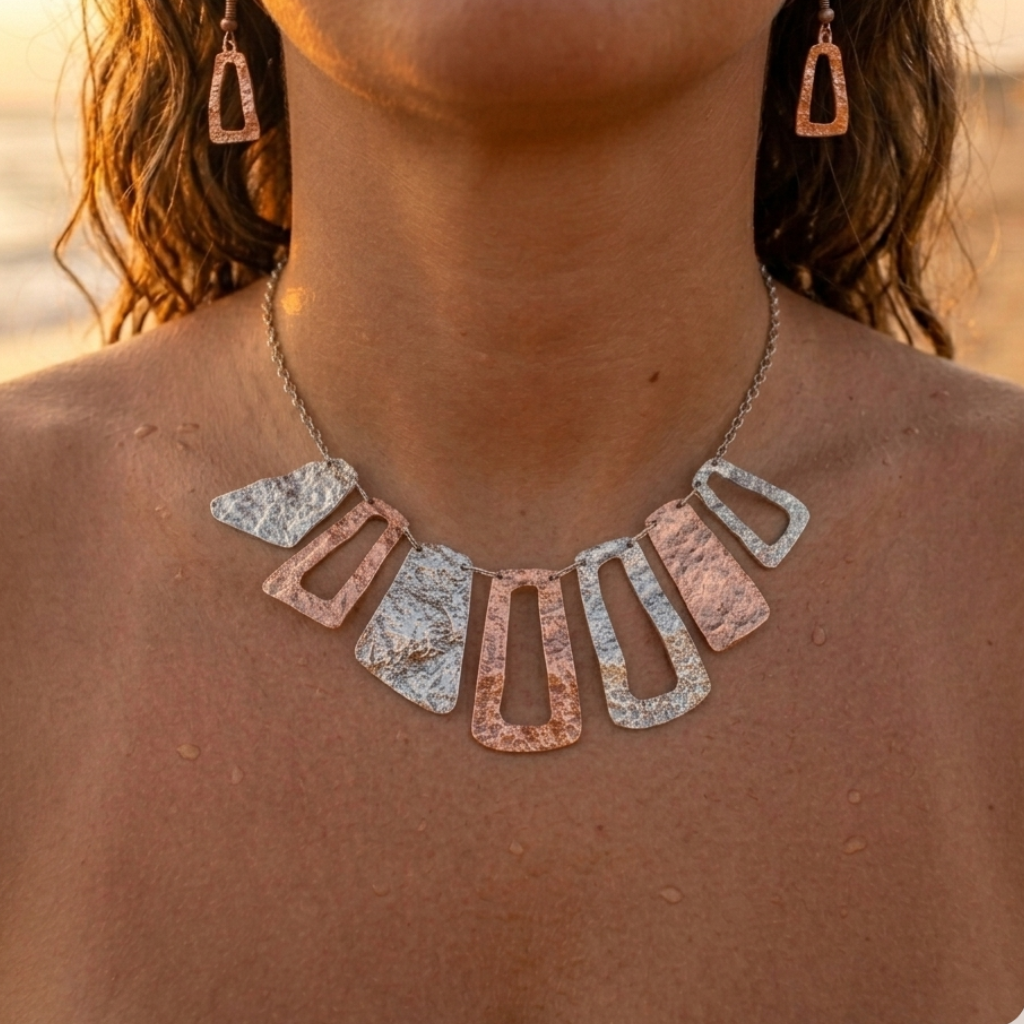 Necklace and drop earrings set in steel, with a curb chain and curved geometric hammered rose gold and silver-tone metal pieces