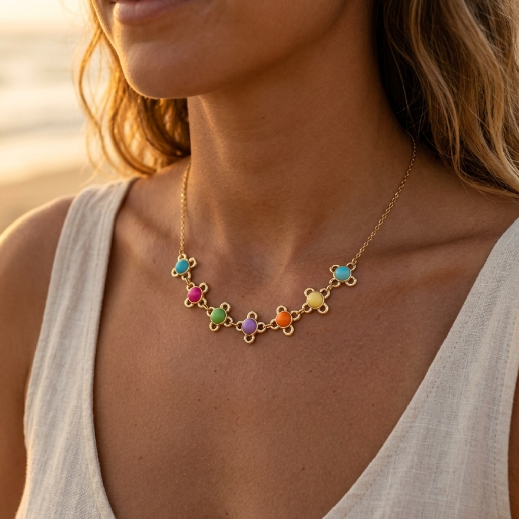 Collier doré médaillon martelé & pastilles multicolores – Acier inoxydable hypoallergénique