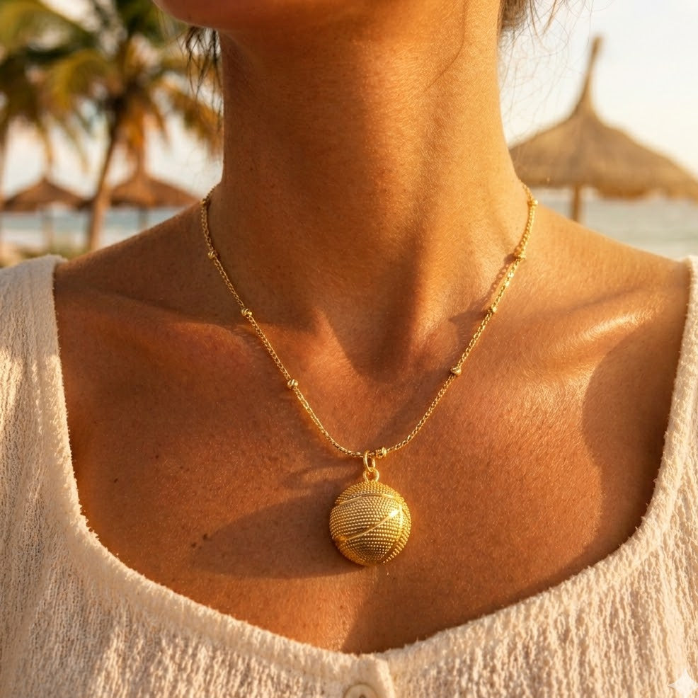 Gold stainless steel necklace – carved basketball pendant