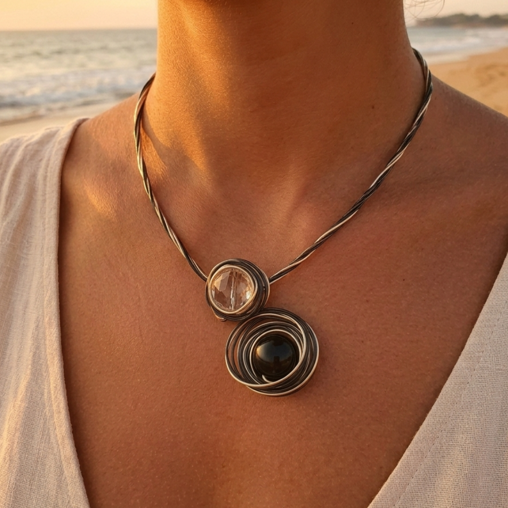 Multi-position modular necklace – twisted cables & metal spiral, central pearl