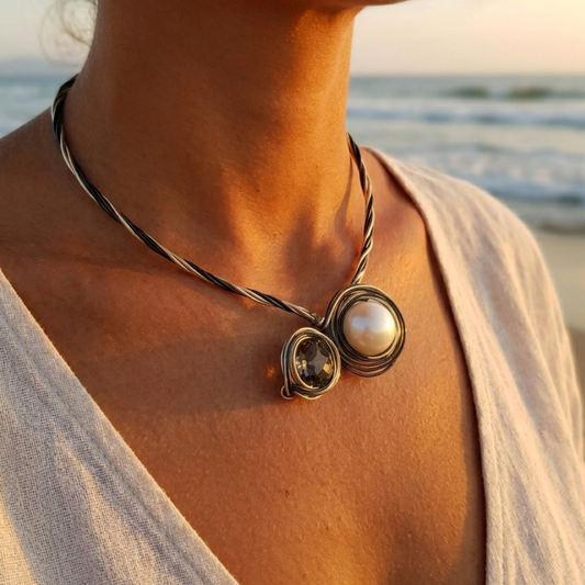 Multi-position modular necklace – twisted cables & metal spiral, central pearl