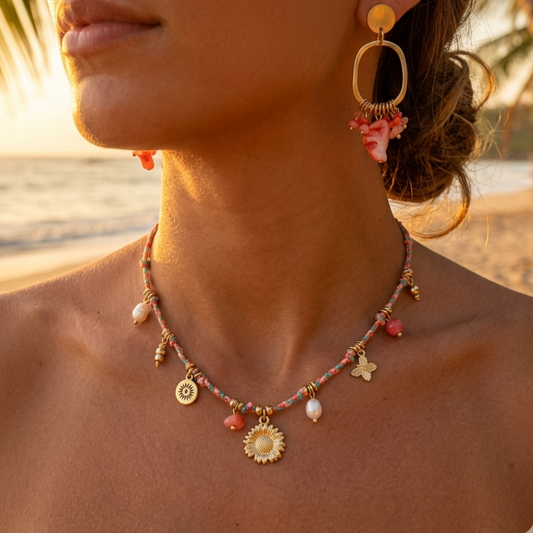 Multicolor braided rope necklace with natural stone pendant & gold charms – gold stainless steel