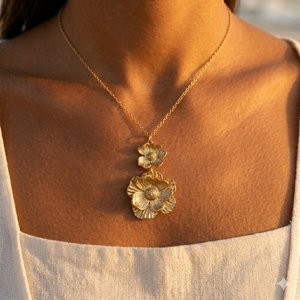 Gold stainless steel necklace - two hammered flower pendant