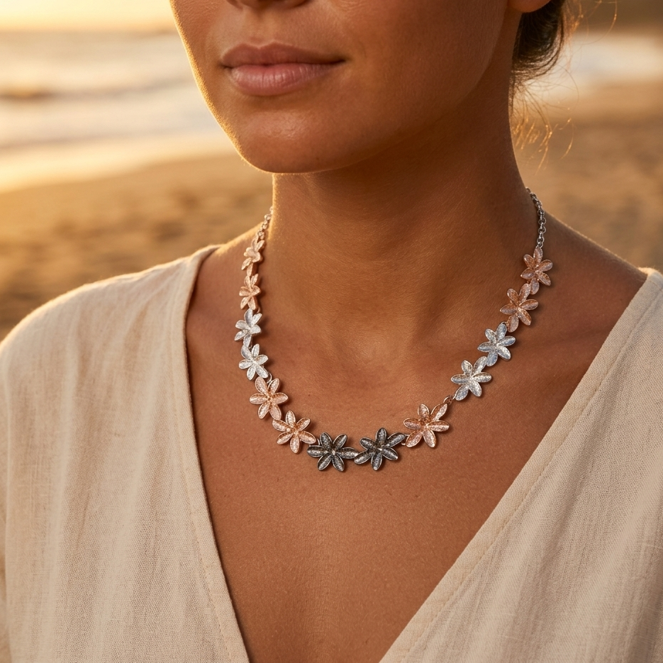 Gold and silver-tone flower necklace on an adjustable chain