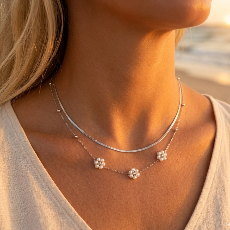 Double strand stainless steel silver-plated necklace with mirror chain and flower