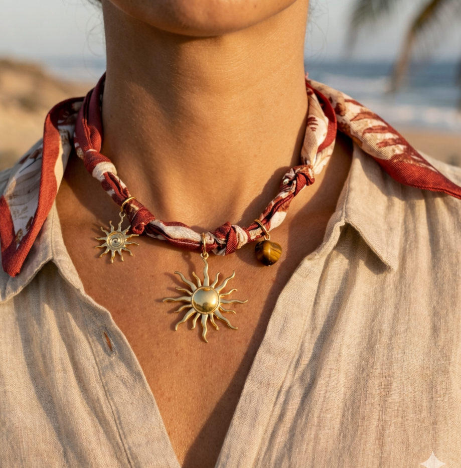 Gold scarf necklace with sun charm pendant – stainless steel and fabric