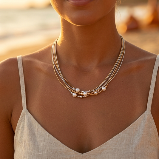 Multi-strand necklace with mother-of-pearl beads, silver- and gold-plated steel