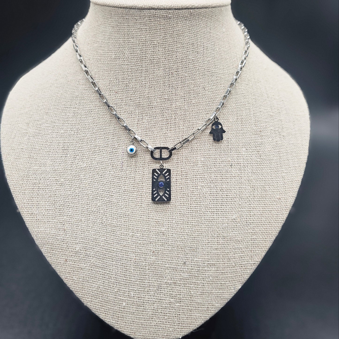 Collier Œil & Main de Fatma – Chaîne maillons acier inoxydable argenté