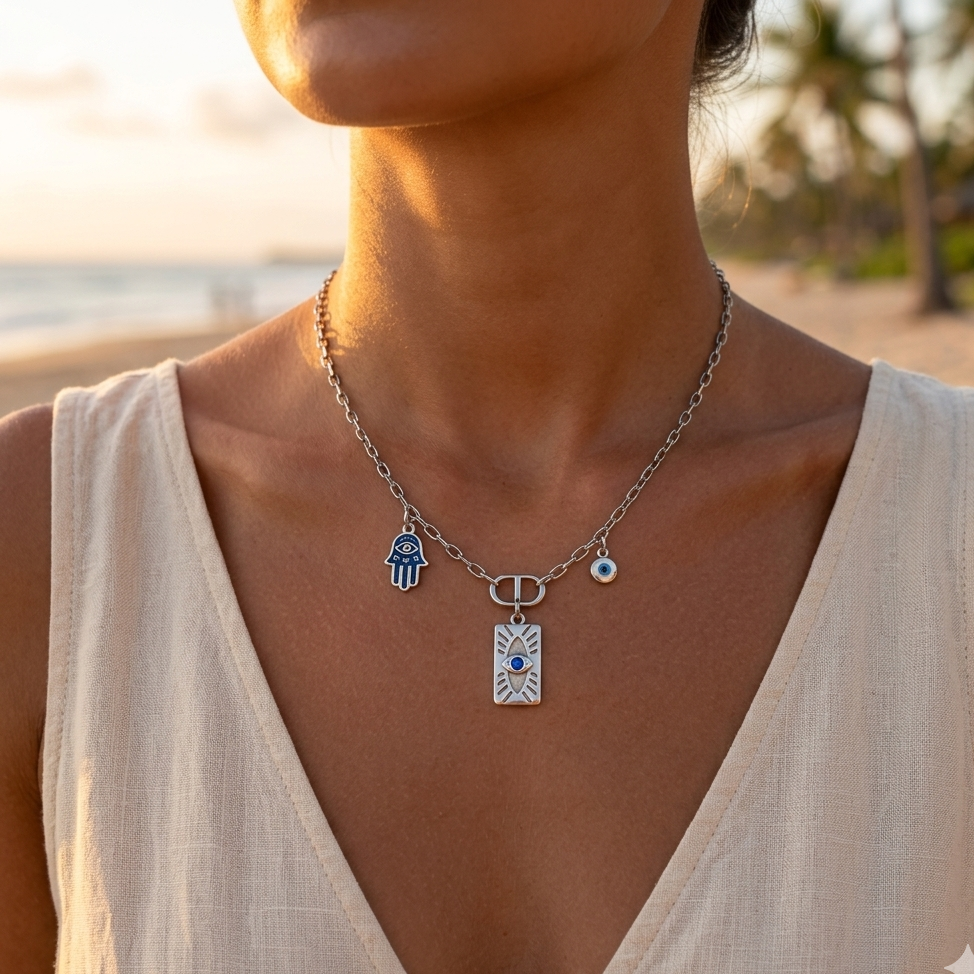 Collier Œil Protecteur & Main de Fatma Argenté