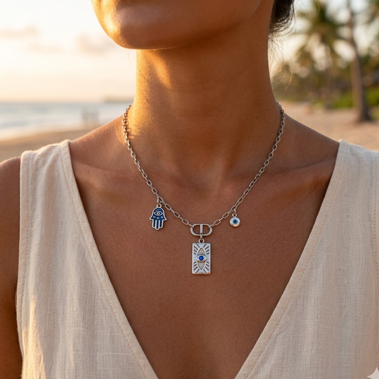 Collier Œil Protecteur & Main de Fatma Argenté